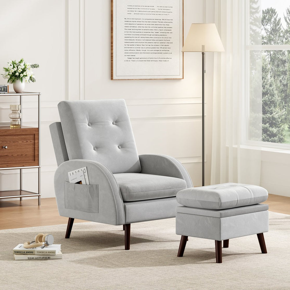 English Elm Upholstered Velvet Accent Chair and Ottoman with Storage, Tufted Design, 6-Level Adjustable Backrest Light Gray T3623P411378