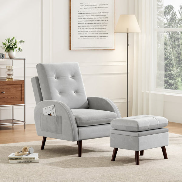 English Elm Upholstered Velvet Accent Chair and Ottoman with Storage, Tufted Design, 6-Level Adjustable Backrest Light Gray T3623P411378