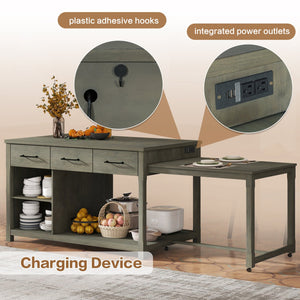 English Elm TREXM Expandable Kitchen Island with Hidden Pull-Out Extension, Built-In Outlets, Retro Storage Wheels Gray XW000023AAE