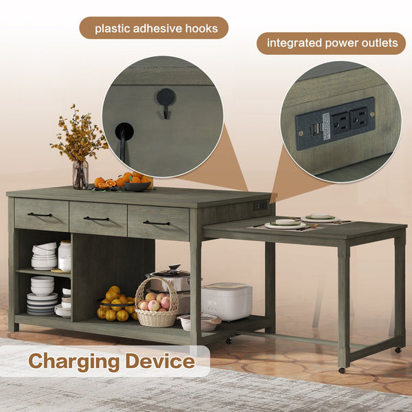 English Elm TREXM Expandable Kitchen Island with Hidden Pull-Out Extension, Built-In Outlets, Retro Storage Wheels Gray XW000023AAE