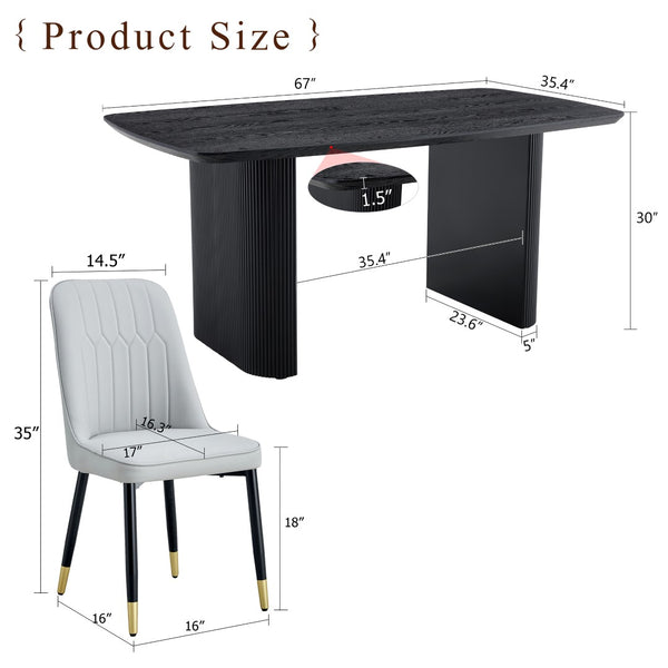 English Elm Table 7-Piece Modern Dining Set: Black Wood-Grain Table & 6 Light Gray Pu Chairs With Gold Accents W1151S04172-GIGA