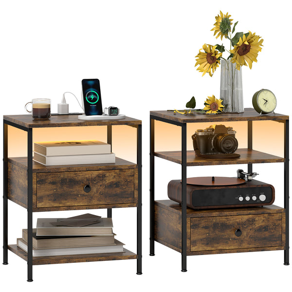 English Elm Homcom Set Of 2 Rustic End Tables With Led Lights & Charging Stations, 3-Tier Storage For Modern Homes W2225P229086