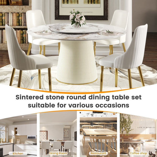 English Elm 59.05 "Modern Round Dining Table With Sintered Stone Top & Lazy Susan – Seats 6-8 People Comfortably" W1535S00451