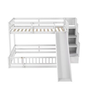 English Elm Twin Over Full Bunk Bed Solid Pine Frame with Built-in Slide and Storage Staircase White W504S00290