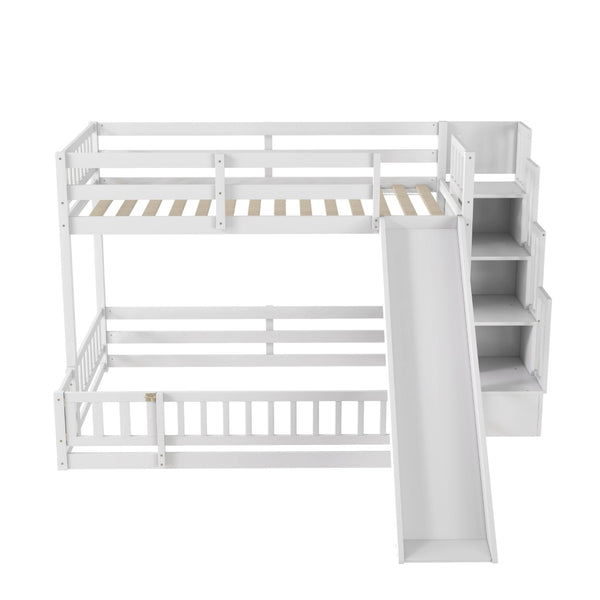 English Elm Twin Over Full Bunk Bed Solid Pine Frame with Built-in Slide and Storage Staircase White W504S00290