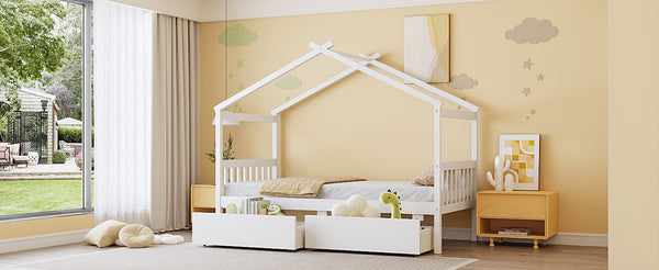 English Elm Twin House Bed Solid Pine Kids Cottage Frame with Storage Drawers Imaginative Room N708P309245K
