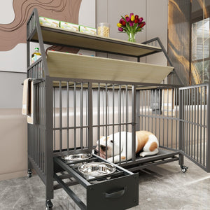 English Elm Large Pet Cage with Iron Frame Mdf Panels Storage Rack and Steel Feeding Basins Beige,Black W3064P245386