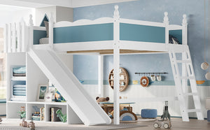 English Elm Queen Loft Bed With Storage Shelves, Fun Detachable Slide, Solid Wood Design, Blue & White Finish W1580S00249-GIGA