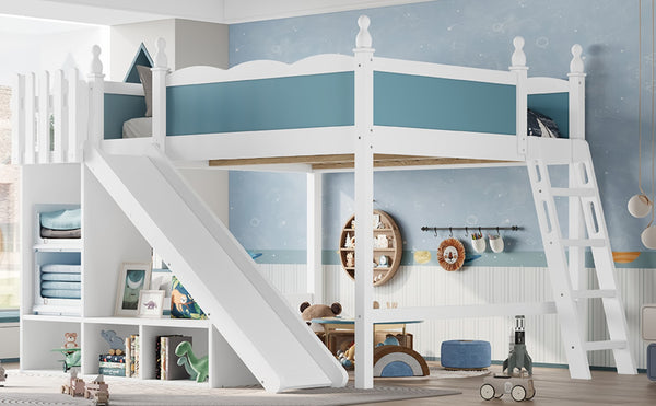English Elm Queen Loft Bed With Storage Shelves, Fun Detachable Slide, Solid Wood Design, Blue & White Finish W1580S00249-GIGA