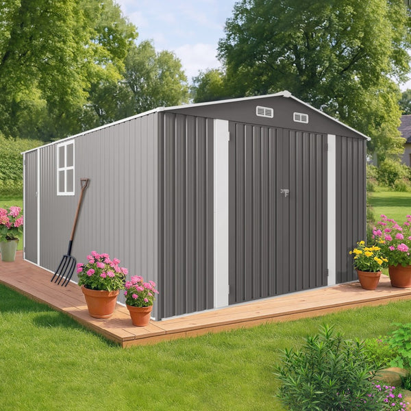English Elm 10x14 Ft Galvanized Steel Outdoor Storage Shed with Lockable Doors and Vented Window W3213S00004