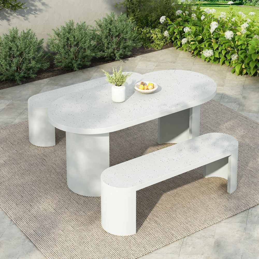 English Elm Christopher Knight Home® - 3 PCS Modern Outdoor Concrete Dining Set with White Terrazzo Tabletop & Benches—Sturdy, Low-Maintenance Elegance for Patio N773OD00079T