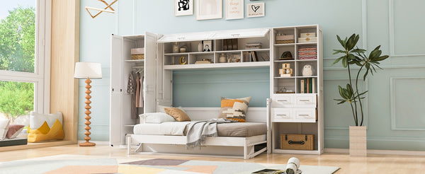 English Elm Full Size Murphy Wall Bed with Wardrobe Drawers Shelving for Studio Apartments LP000383AAK