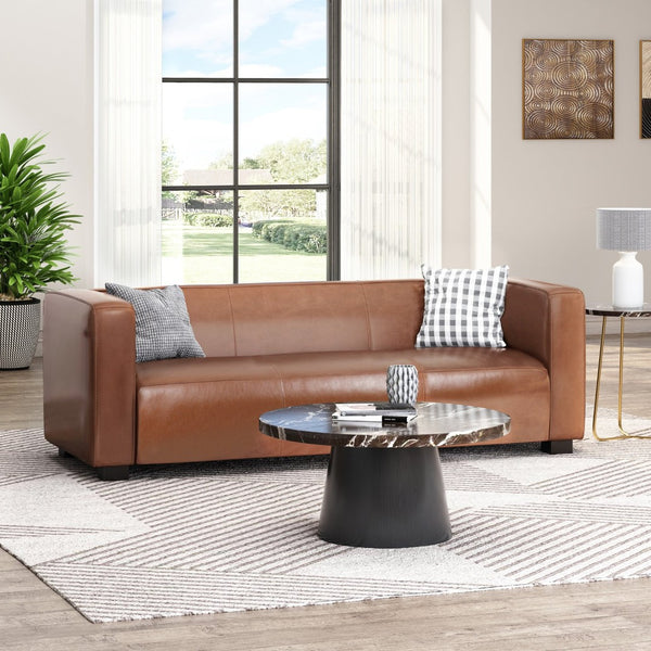 English Elm Light Brown Leather Three Seat Sofa with Dark Wood Legs for Modern Living Rooms N770P387768E