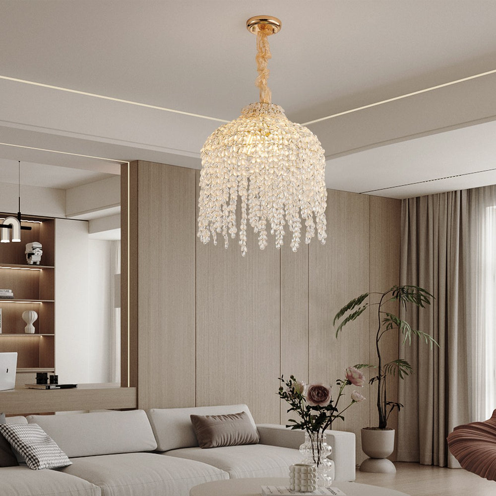English Elm 16 5-Light Crystal Pendant Chandelier Gold Finish, Waterfall Grape Bead Design, Adjustable 80cm Height for Living Room W2312P368719