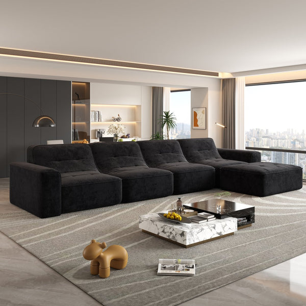 English Elm 143.7" Modern Modular Sectional Sofa Set with Removable Ottoman, Tufted Sparkling Chenille, Deep Seat Comfort Black W3219S00004