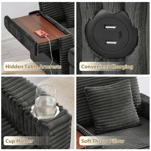 English Elm Comfortable Chenille Chaise Lounge Chair with Usb Port Hidden Storage Ottoman W3705P476389