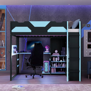 English Elm Full Size Loft Bed with Rgb Lighting Usb Charging Desk Wardrobe and Storage Shelves Blue LT000387AAC