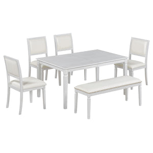 English Elm Trexm Rustic Farmhouse Extendable Dining Set Six Piece with Bench Distressed Wood Beige,White Washed ST000151AAE