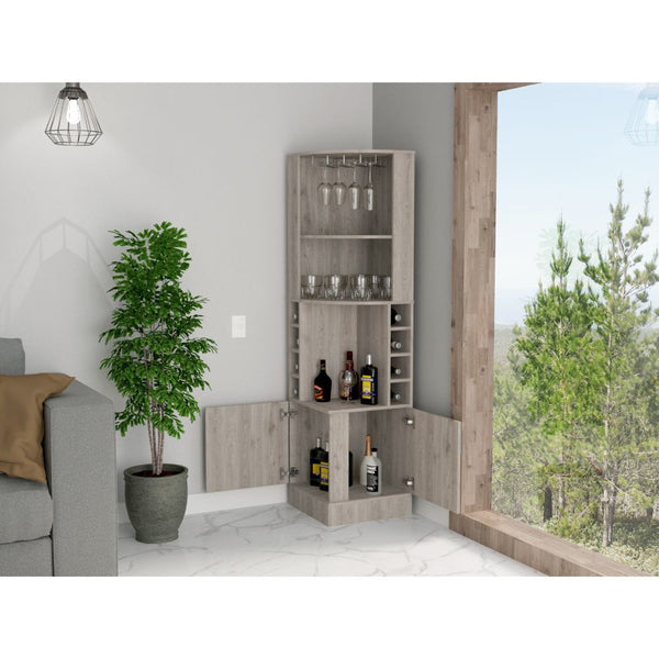 English Elm Syrah Corner Bar Cabinet with 8 Bottle Cubbies, Double Doors, Glass Rack and Display Nook Light Gray 46 L x 23 W x 7 H B200P242413
