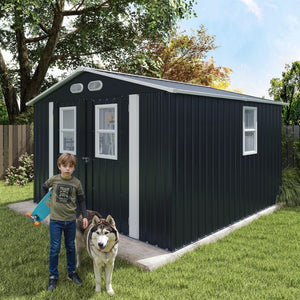 English Elm Outdoor Metal Storage Shed 8x8 Ft with Four Windows and Lockable Double Doors Dark Gray W1598S00041