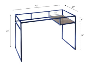 English Elm Yasin Modern Glass Top Writing Desk in Blue Finish with Metal Sled Base and Open Storage Shelf B2726P256257