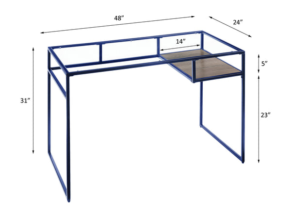 English Elm Yasin Modern Glass Top Writing Desk in Blue Finish with Metal Sled Base and Open Storage Shelf B2726P256257