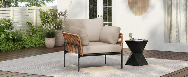 English Elm Christopher Knight Home® - 36" Rope Iron Lounge Chair with Light Wood-Tone Weave and Plush Waterproof Cushions for Outdoor Comfort Beige+Natural N767P237035N