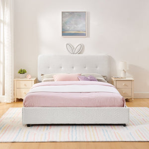 English Elm Queen Boucle Upholstered Kids Bed with Rabbit Ear Headboard Led Lighting Storage Drawers Beige W1413P384927