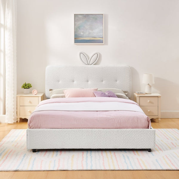 English Elm Queen Boucle Upholstered Kids Bed with Rabbit Ear Headboard Led Lighting Storage Drawers Beige W1413P384927
