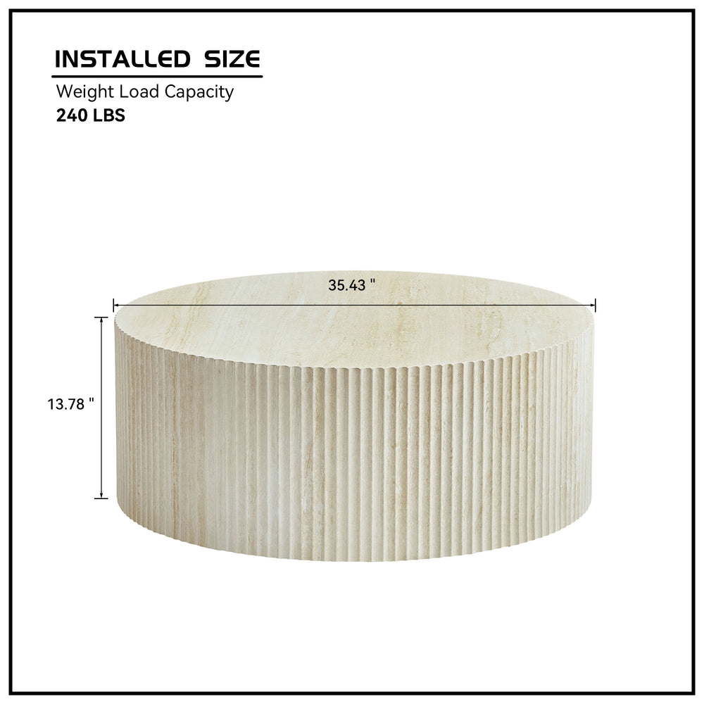 English Elm Faux Round Faux Travertine Coffee Table 35.4" Diameter with Handcrafted Relief Design, No Assembly Needed W876P362386