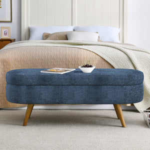 English Elm Ottoman Oval Storage Bench with Rubber Wood Legs, Spacious Upholstered Seat, 250lb Capacity, Stylish Entryway Accent Dark Blue W487P271394