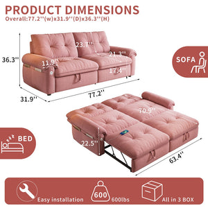 English Elm It 77-inch convertible velvet sofa bed, 2-in-1 loveseat to guest bed with steel frame, high-resilience foam comfort Pink W3820S00016