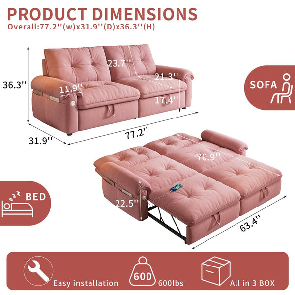 English Elm It 77-inch convertible velvet sofa bed, 2-in-1 loveseat to guest bed with steel frame, high-resilience foam comfort Pink W3820S00016