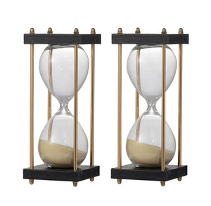 English Elm Set Of 2 Framed 15-Minute Hourglass With Tan Sand And Sturdy Metal Stand For Elegant Decor Display W2078P278802-GIGA