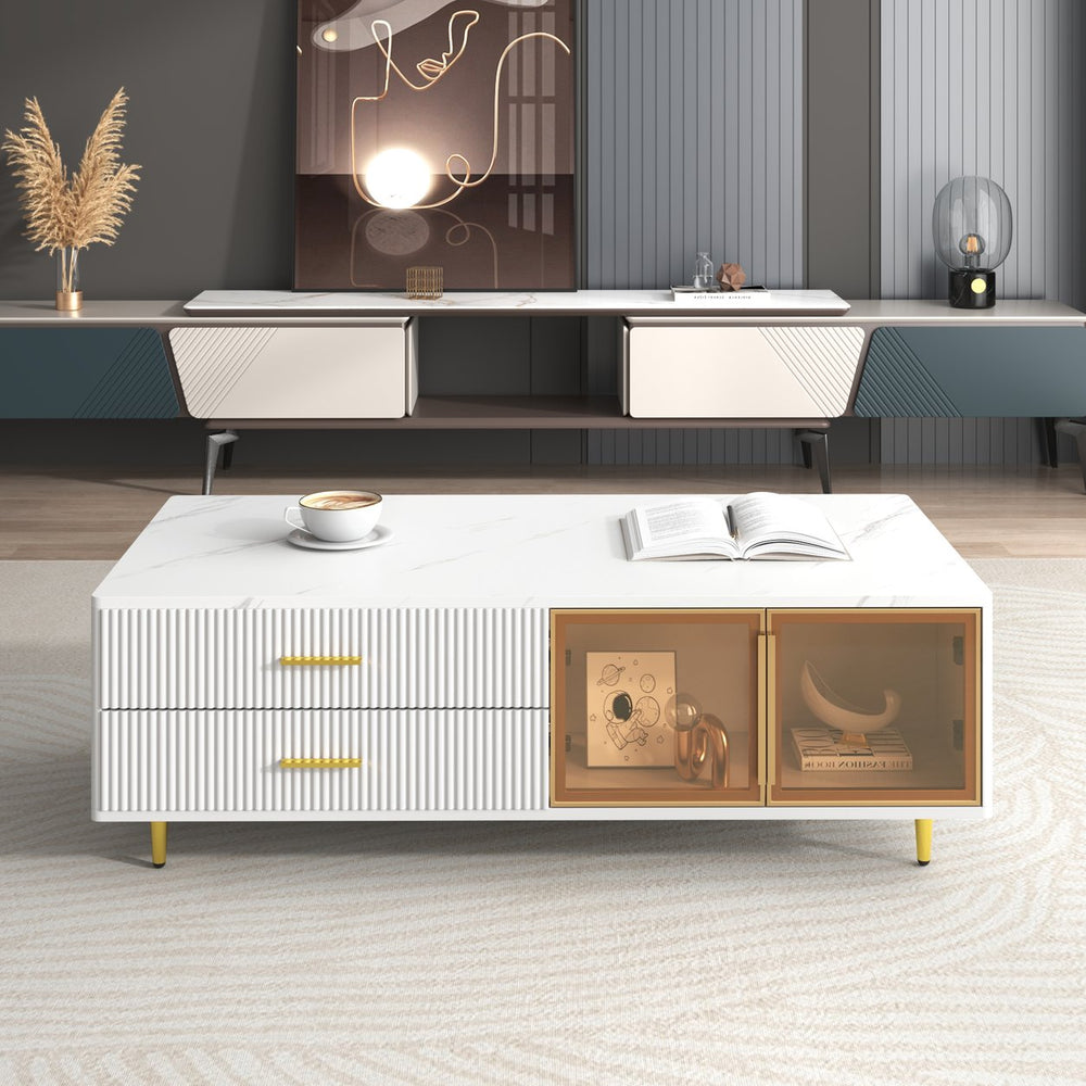 English Elm Modern Blue MDF Coffee Table with Marble Top, 2 Glass Door Cabinets, 4 Drawers, Gold Legs & LED Lighting (47.2") N735P167909