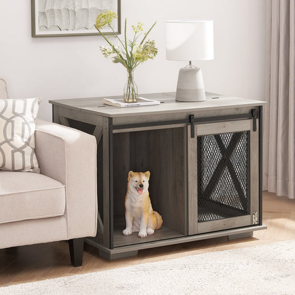 English Elm Farmhouse Dog Cage Crate Furniture with Sliding Barn Door, Secure Metal Latch, Flip-Up Top Access and Removable Divider for Small to Large Dogs (40.94x30.51x6.69) Gray Wash W2275P164727