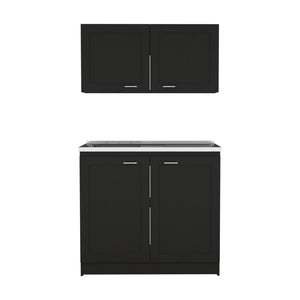 English Elm Zurich Modern Black Cabinet Set with Two Shelves — Particle Board, Multi-Height Counters, Compact Storage B070S00347