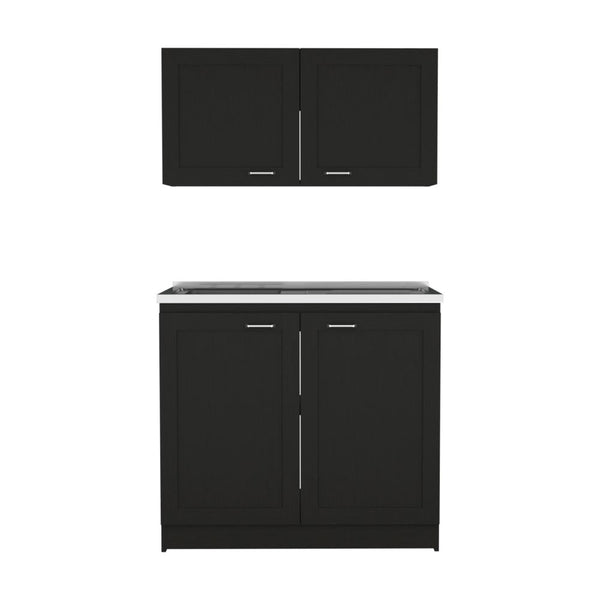 English Elm Zurich Modern Black Cabinet Set with Two Shelves — Particle Board, Multi-Height Counters, Compact Storage B070S00347