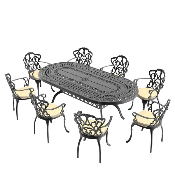 English Elm 9-piece Cast Aluminum Outdoor Dining Set Ornate Relief Patio Furniture Seats Eight W1710S00602
