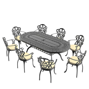English Elm 9-piece Cast Aluminum Outdoor Dining Set Carved European Style Oval Table for 8 W1710S00659