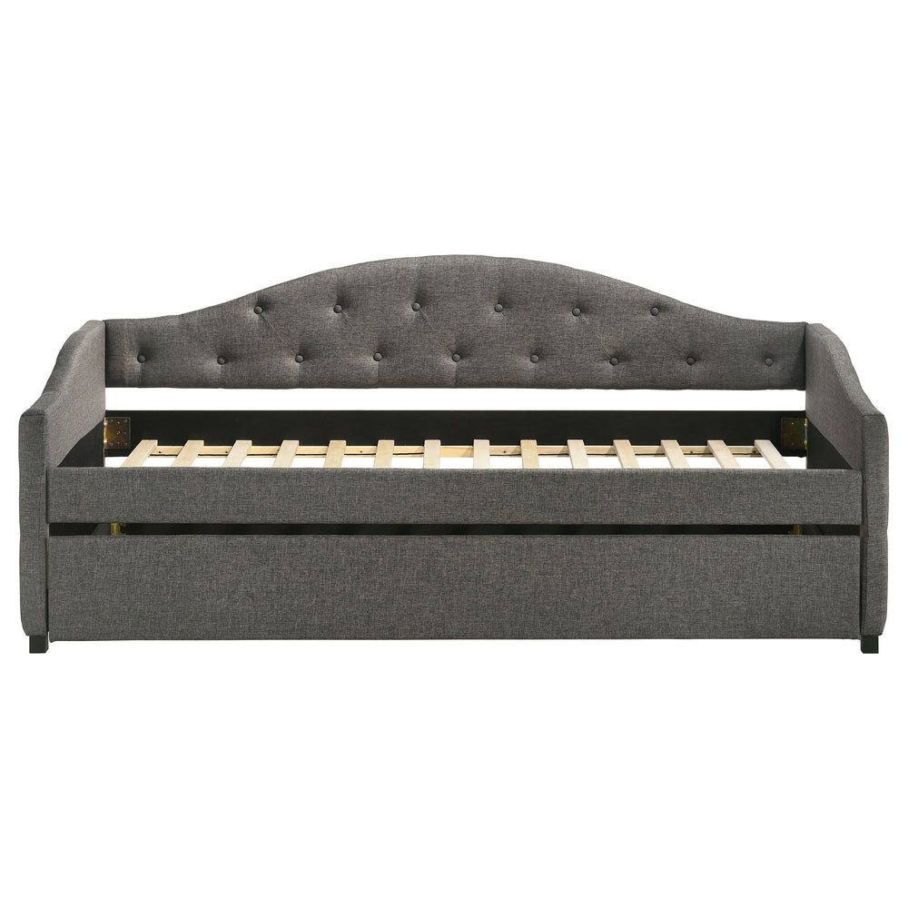 English Elm Tremont Grey Upholstered Twin Daybed with Trundle, Tufted Camelback Design, Slatted Support for Mattress B062S01307
