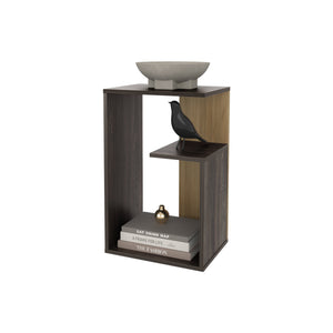 English Elm FM Vega Side Table Melamine Espresso & Natural Oak – Compact 3-Room Nightstand with Open Shelves, Sturdy Storage, 24.9"H B128P293871