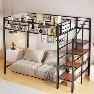 English Elm Twin Metal Loft Bed with Upper Grid Storage Shelf and 4-Layer Ladder Shelves for Space Saving Black SF100081AAB