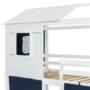 English Elm Twin Treehouse Bunk Bed Solid Pine Playhouse Frame with Cozy Canvas Tent Hideaway LT000379AAC-1