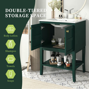 English Elm 24'' Retro Green Bathroom Vanity with Glossy Resin Basin, Solid Wood Feet, Soft-Close Doors, Ample Storage, Metal Handles (Modern) WF324870AAF