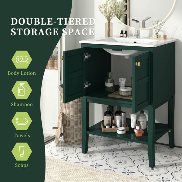English Elm 24'' Retro Green Bathroom Vanity with Glossy Resin Basin, Solid Wood Feet, Soft-Close Doors, Ample Storage, Metal Handles (Modern) WF324870AAF