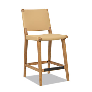 English Elm Jennifer Taylor Home - Pierre 26" Farmhouse Saddle Counter Stool with Back, Sunkissed Beige Leather, Rubberwood & Brass Accents B2719P238396