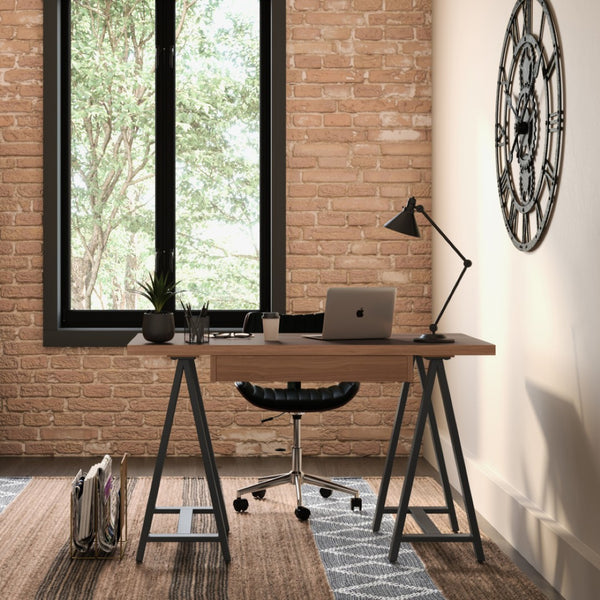 English Elm Sawhorse Retro-Industrial Small Desk - Handcrafted Walnut Veneer With Metal Legs For Modern Spaces B136P159594-GIGA