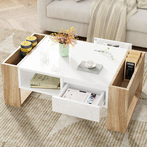 English Elm ON-TREND High Gloss Coffee Table with 2 Drawers, Hidden Compartment, Open Shelf, Modern Luxury Finish White+Natural N721P205792K