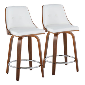 English Elm Gianna Mid-Century Counter Stool Set of 2 — 24" Swivel Faux Leather Seats, Walnut Wood & Chrome Footrest B202S00063